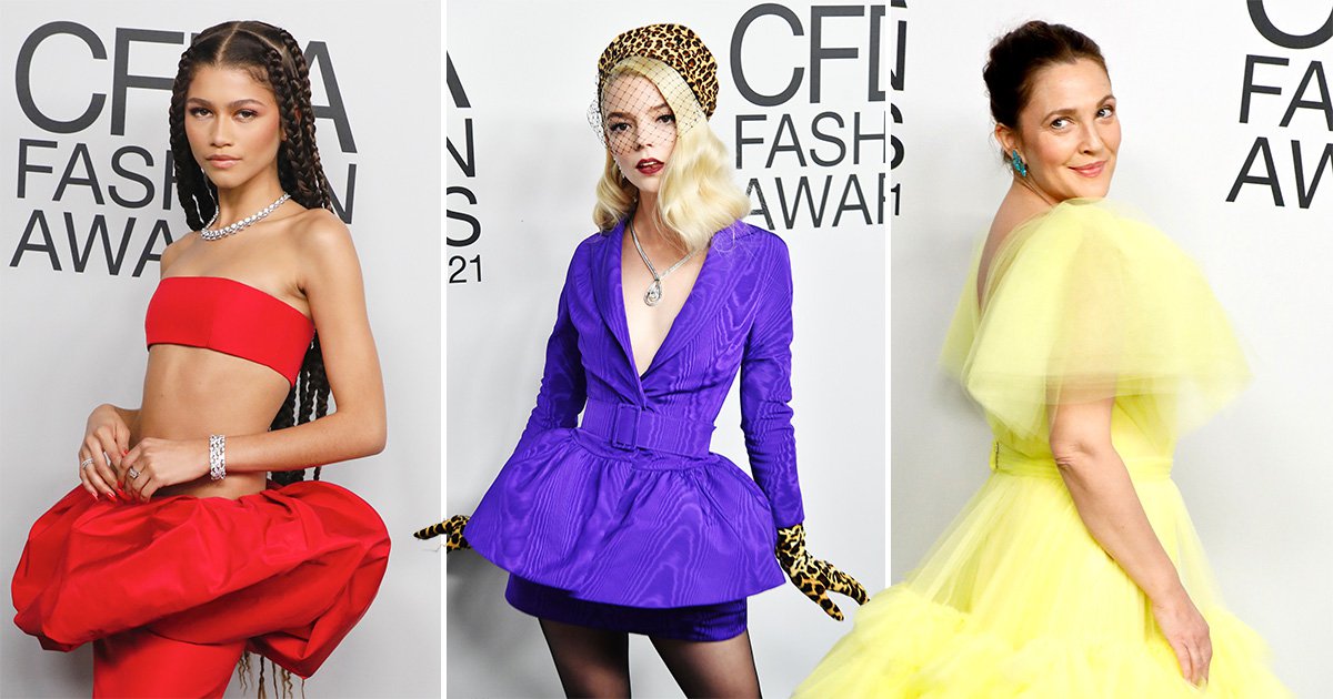 Atrizes Zandaya, Anya Taylor e Drew Barrymore no tapete vermelho do CFDA 2021.